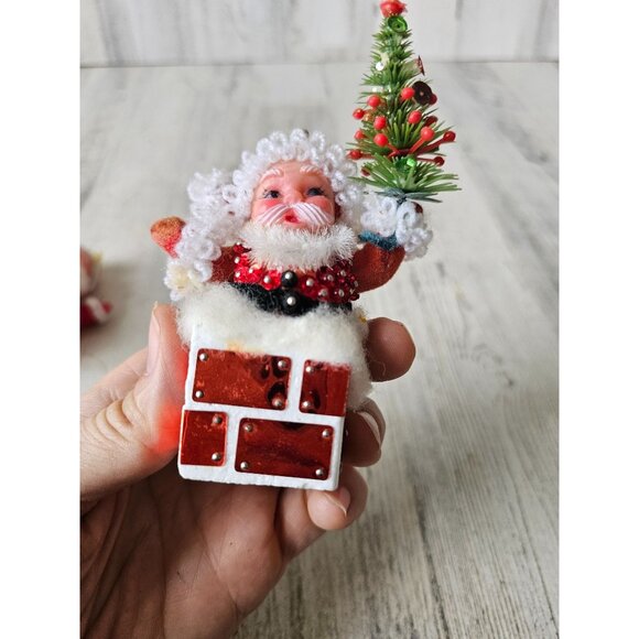 Vintage flocked Santa skier plastic chimney tree ornament beaded Xmas Santa with - Picture 14 of 15